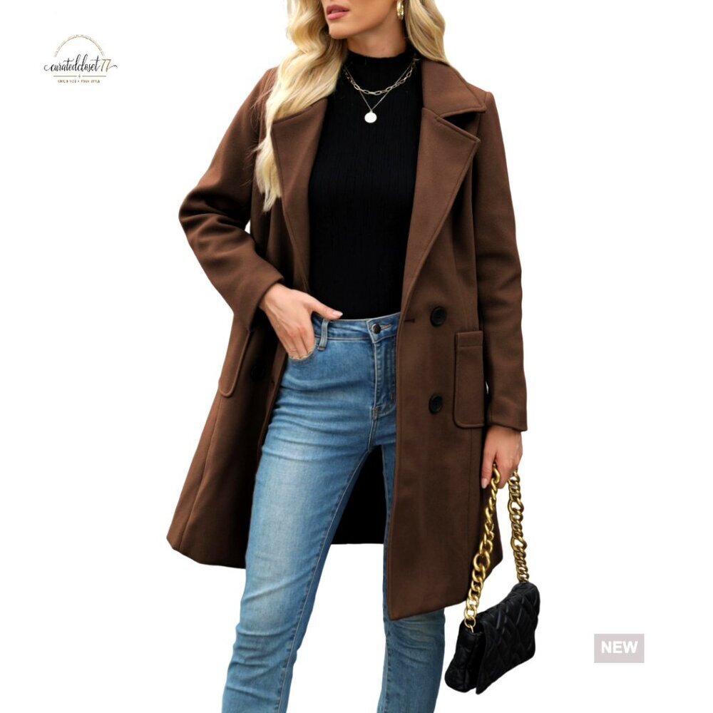 Wool Blend Mid-Length Pea Coat Double-Breasted Notch Lapel Winter Coat